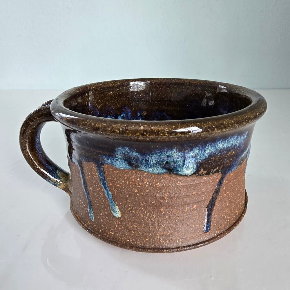 Studio Art Pottery Brown Mug Blue Drip Glaze Signed Classic Rustic Earthy Boho